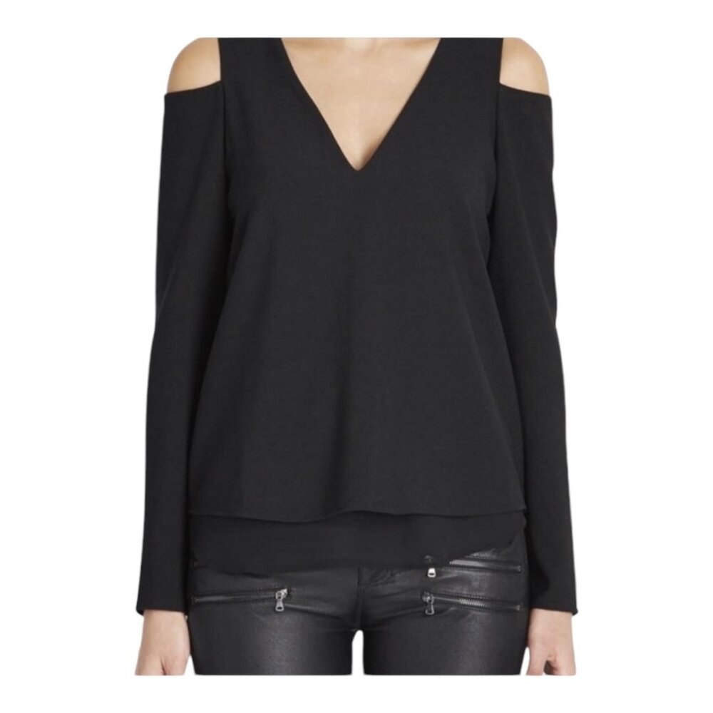 Cooper & Ella Black Cold Shoulder V-Neck Blouse Womens Size S - Picture 2 of 8
